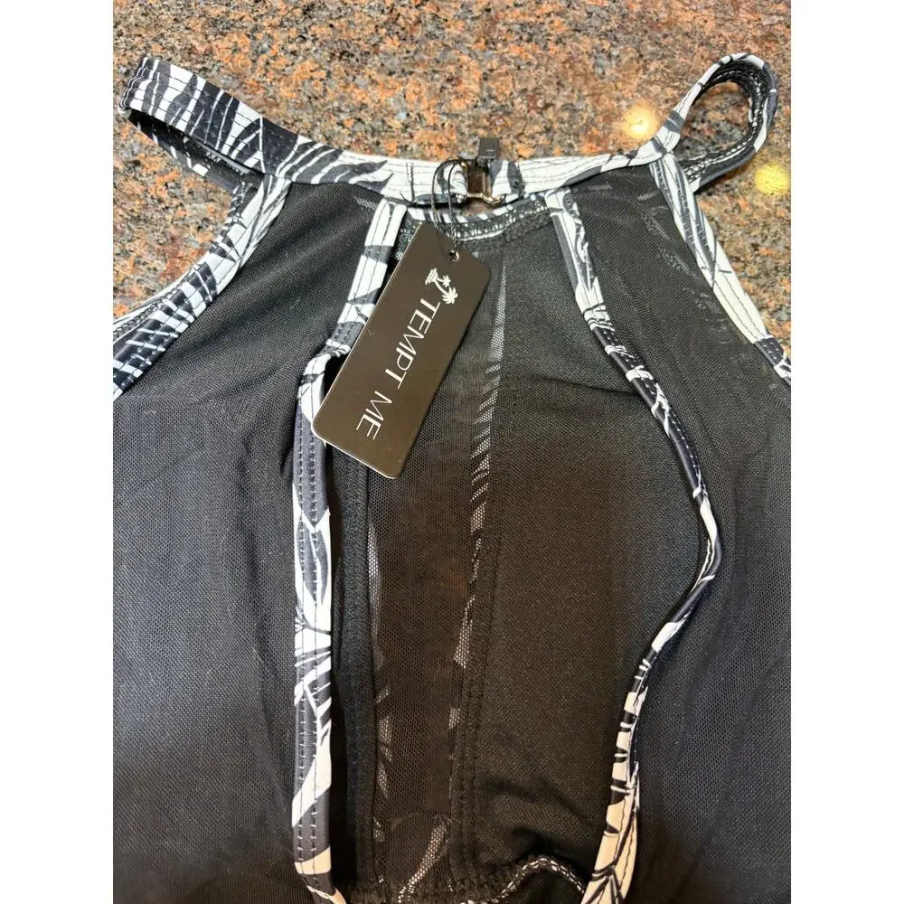Tempt Me Black White One Piece High Neck Tummy Control Bathing Suit Size M NWT - Picture 5 of 16